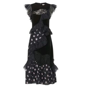 Rebecca‎ Taylor Midi Dress Black Ruffle Jacquard Velvet Floral SZ 10 Retail $730